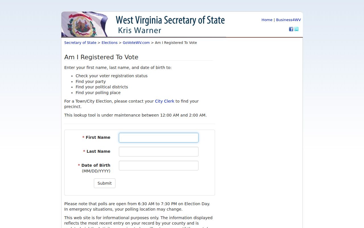 West Virginia voter registration self-lookup fields